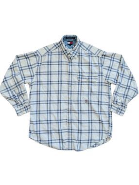 Tommy Hilfiger Mens Blue White Plaid Button Up long Sleeve Cotton Shirt Medium